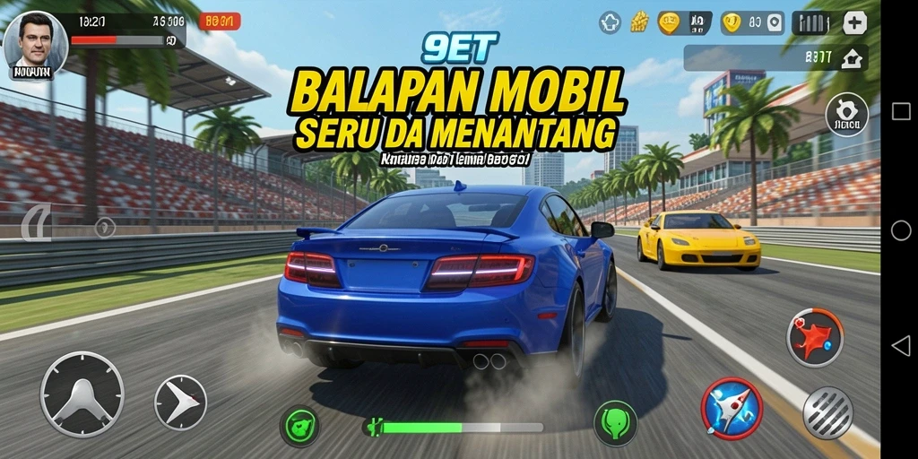 Screenshot gameplay <strong>9ET</strong> menunjukkan balapan mobil yang mendebarkan di trek yang menantang.