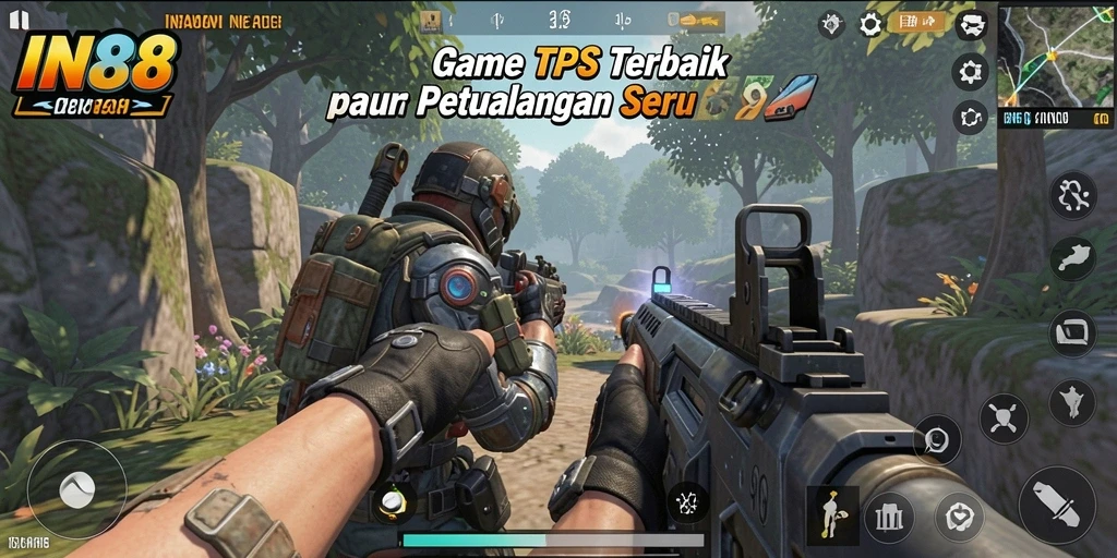 Screenshot utama IN88 menunjukkan aksi tembak-menembak intens.