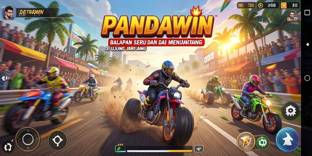 Screenshot gameplay <strong>PANDAWIN</strong> menampilkan aksi balapan yang mendebarkan dan grafis yang menawan.