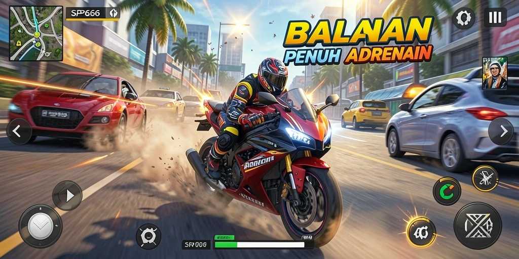 Tampilan menakjubkan dari gameplay balapan motor yang mendebarkan.
