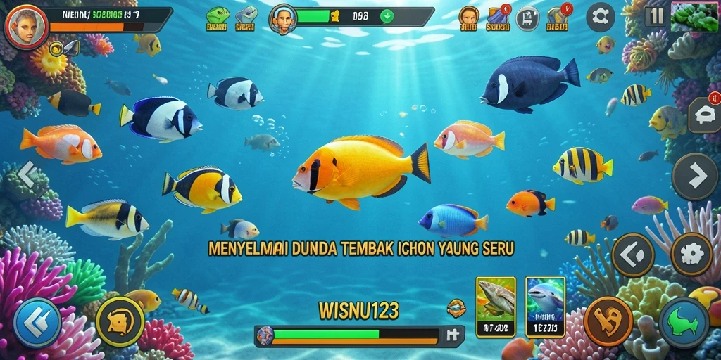 Screenshot permainan WISNU123 menampilkan aksi tembak ikan yang dinamis.